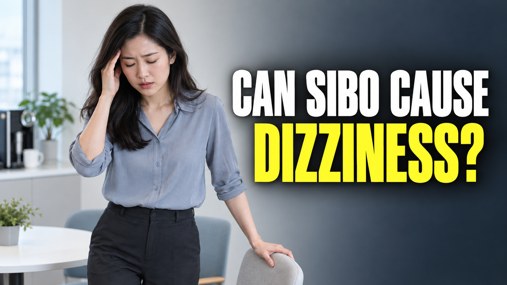 Woman feeling dizzy while standing beside a chair