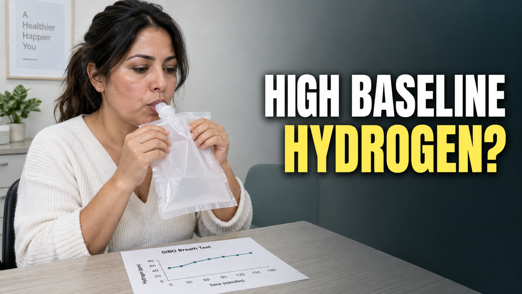 Woman taking a SIBO breath test with a high baseline hydrogen question