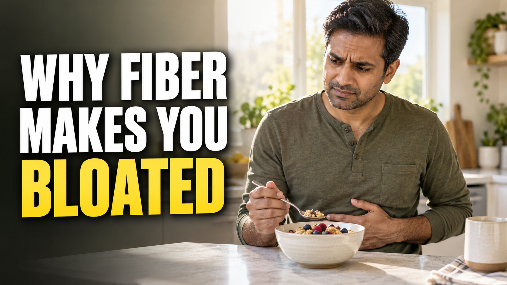 Man wondering why a high-fiber breakfast makes him feel bloated