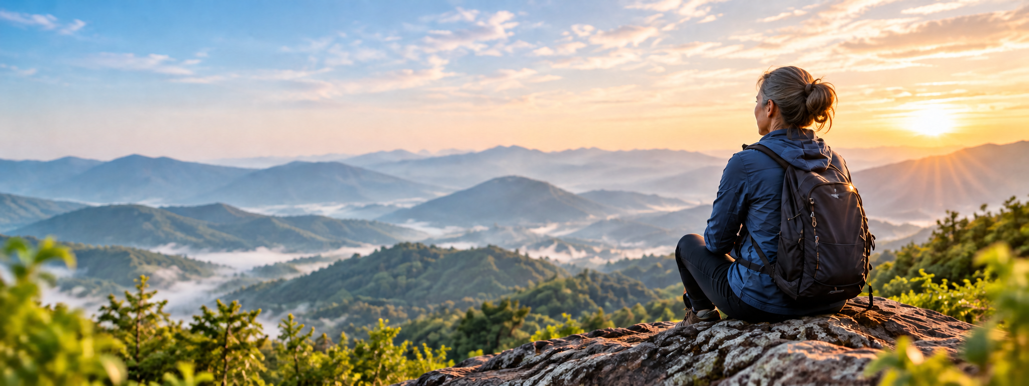 An active woman over 45 overlooking a peaceful mountain sunrise
